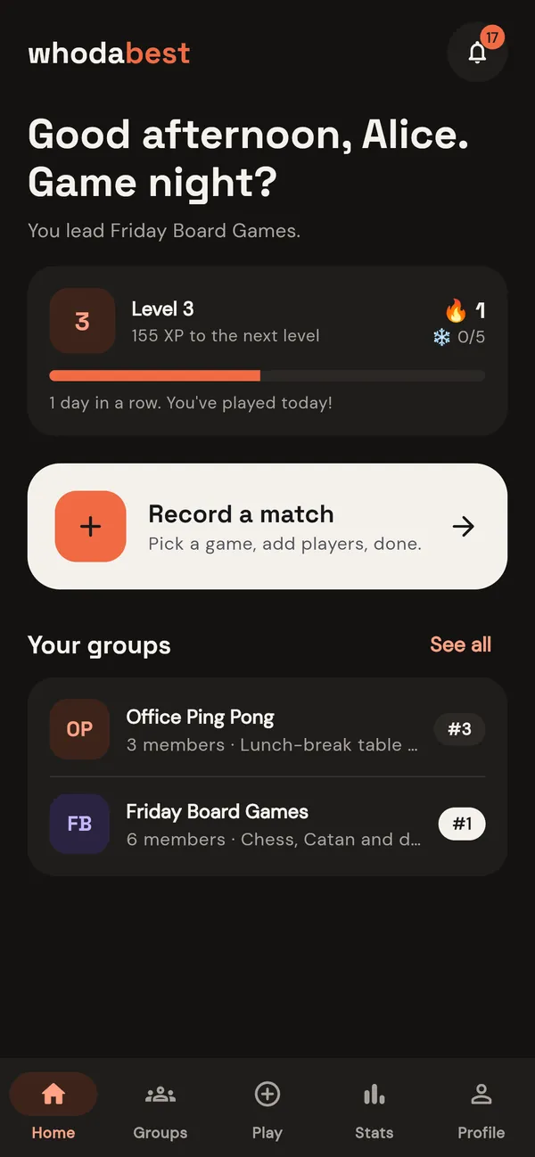 The whodabest home screen: your level, your streak and your groups