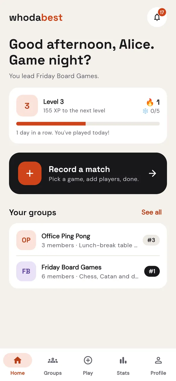 The whodabest home screen: your level, your streak and your groups