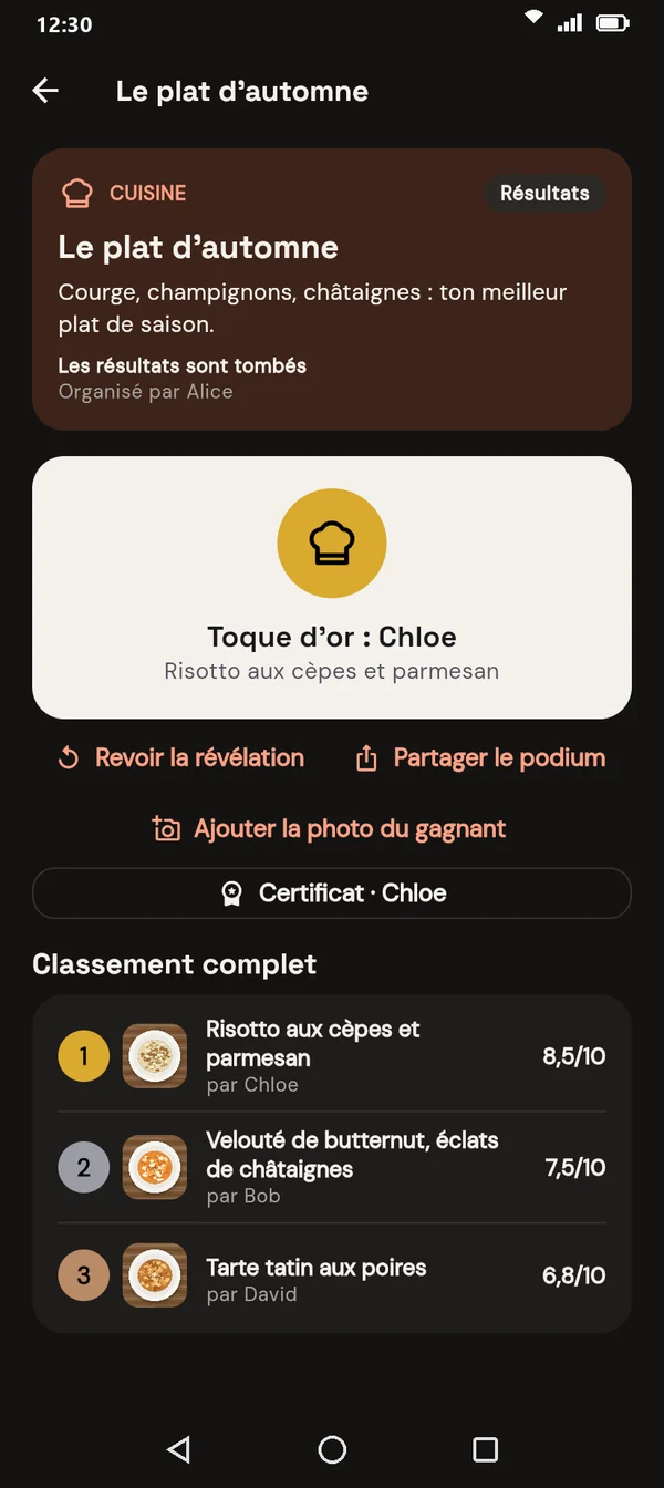 Le podium d'un concours de cuisine : la Toque d'or