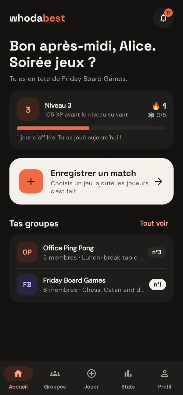 Accueil de l'app whodabest : ton niveau, ta série et tes groupes