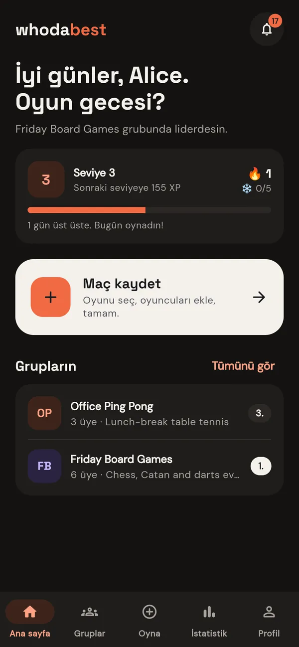 whodabest ana ekranı: seviyen, serin ve grupların
