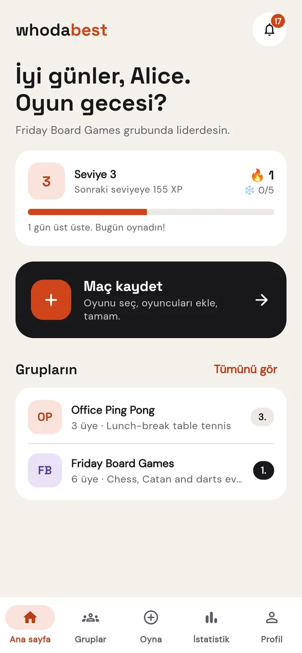 whodabest ana ekranı: seviyen, serin ve grupların